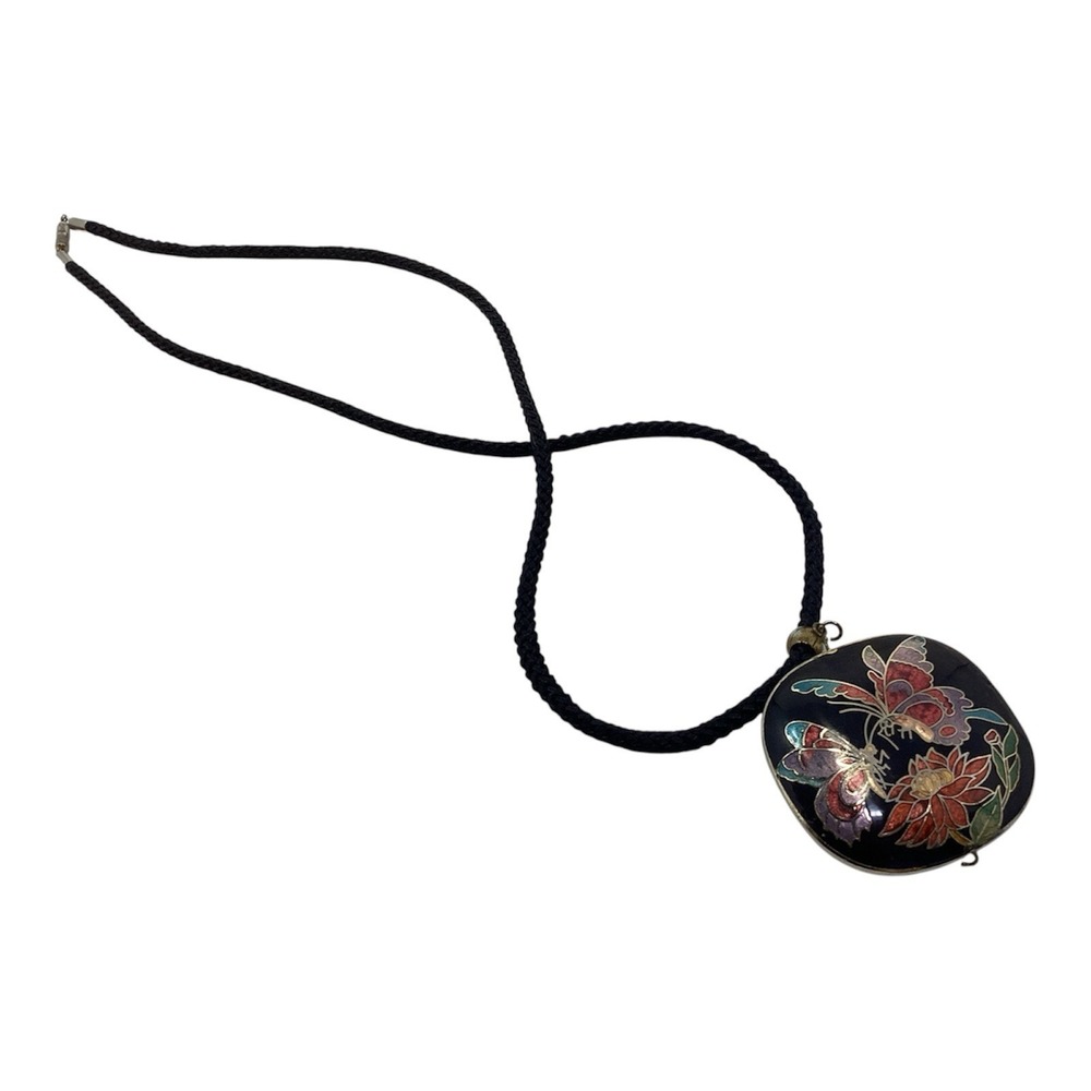 Vintage Cloisonne Enamel Butterfly Flower Necklace Black Cord Rope 26 In